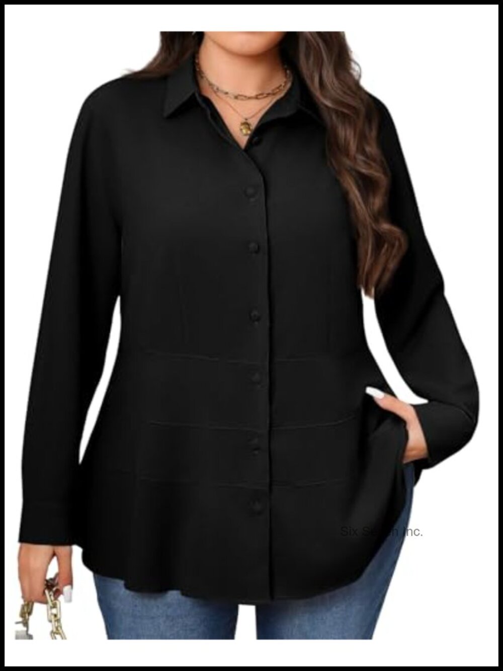 Plus Size V Neck Button Down Blouse Long Sleeve Tiered Fit Flare Top